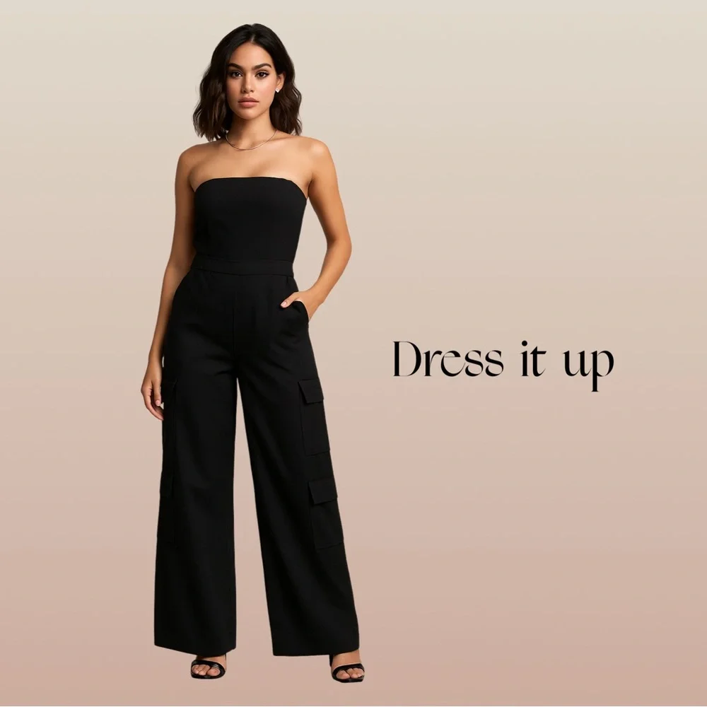 J for Justify Cargo Black Strapless Jumpsuit Women’s Size Large NWT Boho pockets - Picture 2 of 11